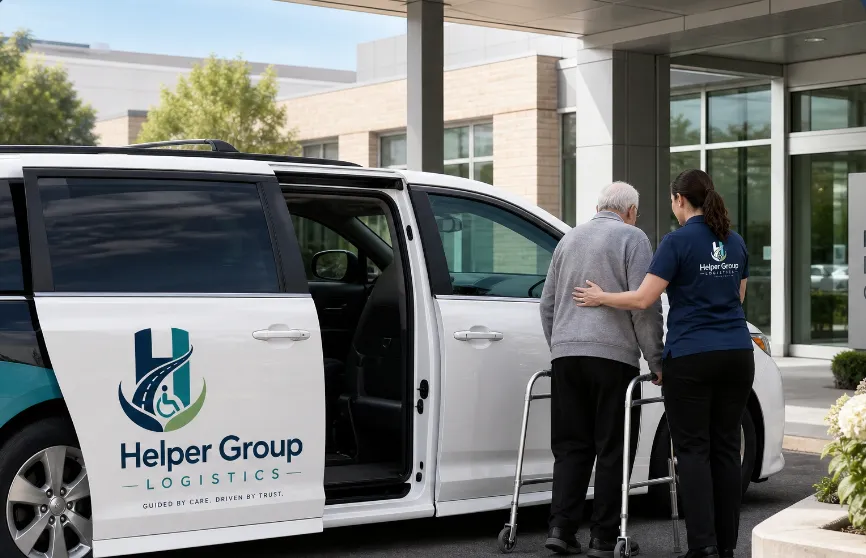 A Helper Group Logistics driver helping a rider with a walker toward the van